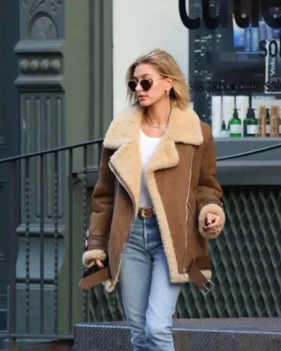 Hailey Bieber Brown Shearling Jacket