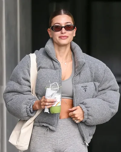 Hailey Bieber Grey Puffer Jacket
