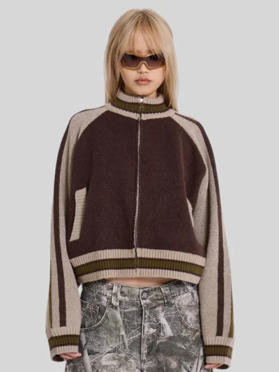 Jaded London Team 85 Knitted Brown Bomber Jacket