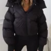 Mia Cropped Black Puffer Jacket With Detachable Hood