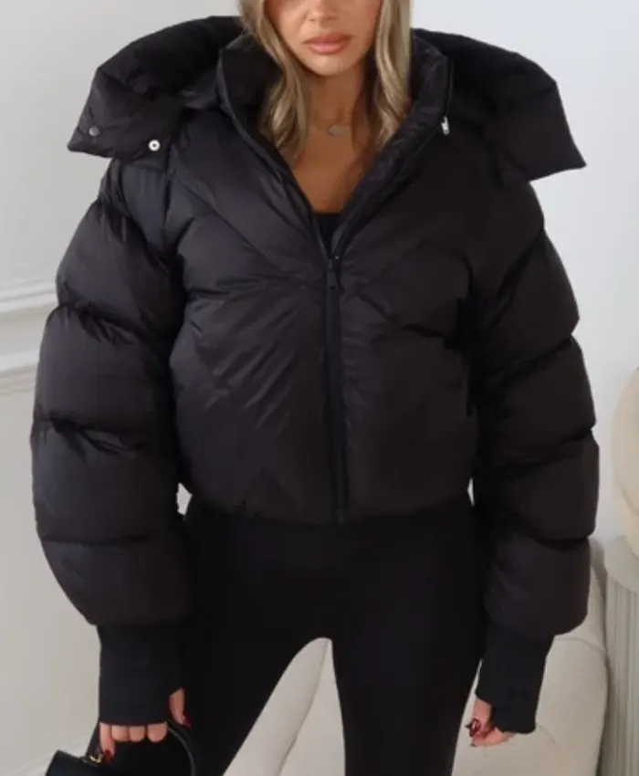Mia Cropped Black Puffer Jacket With Detachable Hood
