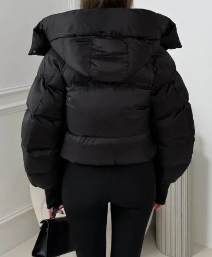 Mia Cropped Black Puffer Jacket With Detachable Hood