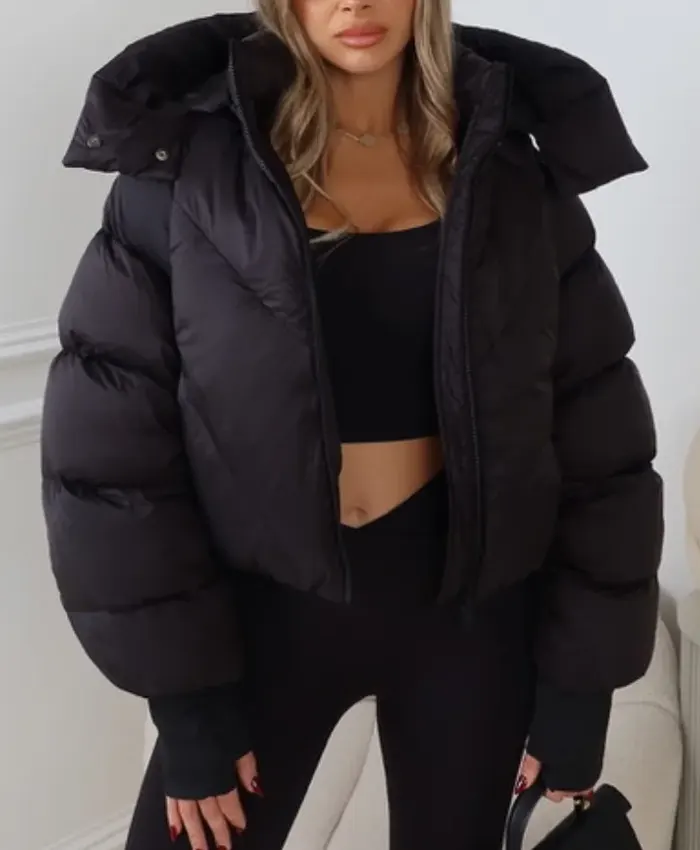 Mia Cropped Black Puffer Jacket With Detachable Hood