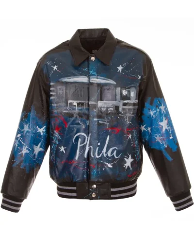 Philadelphia 76ers Black Leather Bomber Jacket