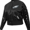 Philadelphia Eagles Show Time Sequin Cropped Black Satin Jacket