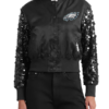 Philadelphia Eagles Show Time Sequin Cropped Black Satin Jacket