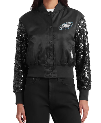 Philadelphia Eagles Show Time Sequin Cropped Black Satin Jacket