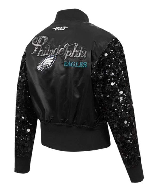 Philadelphia Eagles Show Time Sequin Cropped Black Satin Jacket