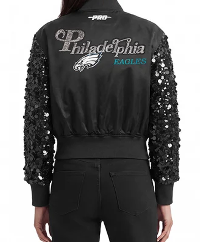 Philadelphia Eagles Show Time Sequin Cropped Black Satin Jacket