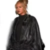 Rihanna Black Leather Cape Jacket