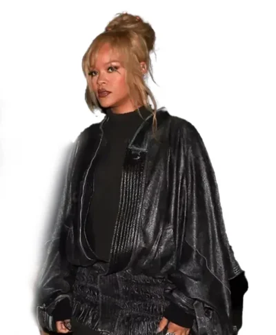 Rihanna Black Leather Cape Jacket