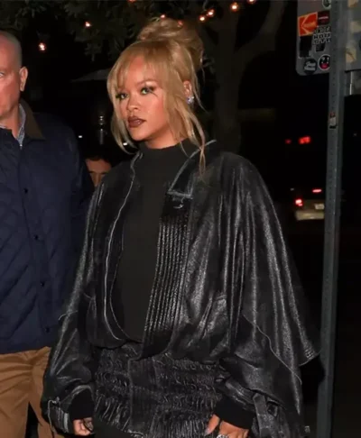 Rihanna Black Leather Cape Jacket