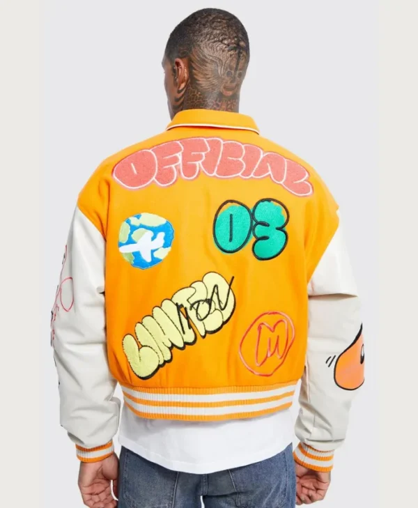 Shop Now Yellow Boxy Fit Graffiti Varsity Jacket