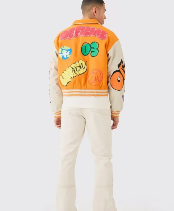 Shop Now Yellow Boxy Fit Graffiti Varsity Jacket