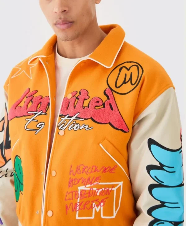 Shop Now Yellow Boxy Fit Graffiti Varsity Jacket