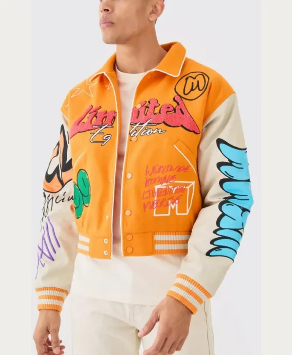 Shop Now Yellow Boxy Fit Graffiti Varsity Jacket