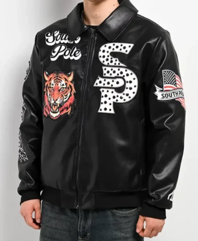 Southpole Stud Tiger Black Leather Bomber Jacket