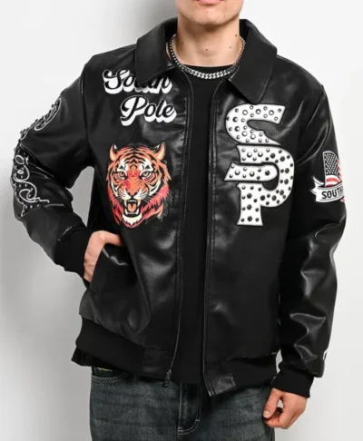 Southpole Stud Tiger Black Leather Bomber Jacket