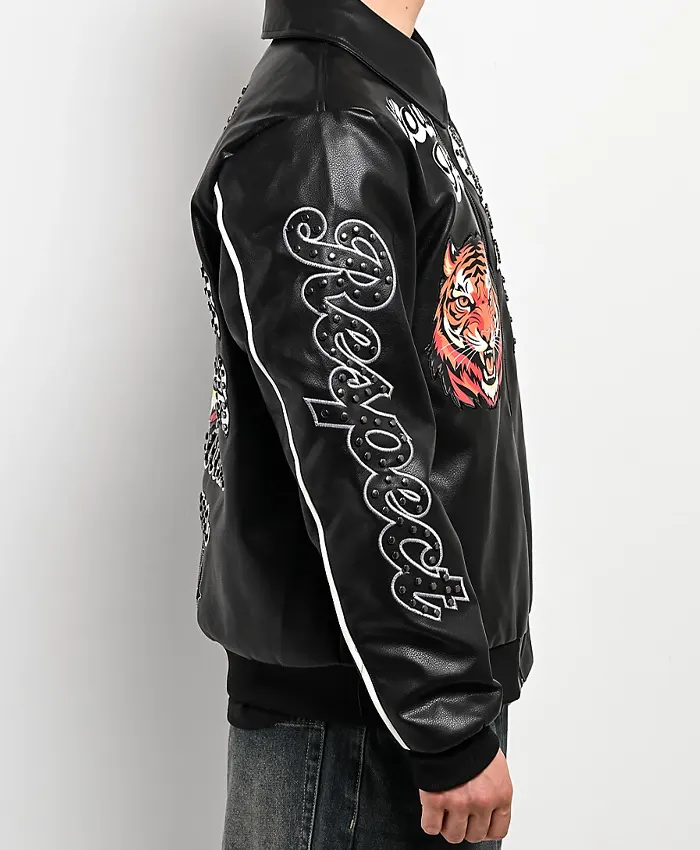 Southpole Stud Tiger Black Leather Bomber Jacket
