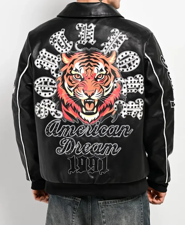 Southpole Stud Tiger Black Leather Bomber Jacket