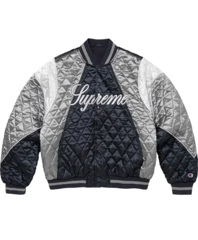 Supreme x Champion Quilted Navy Satin Varsity Jacket