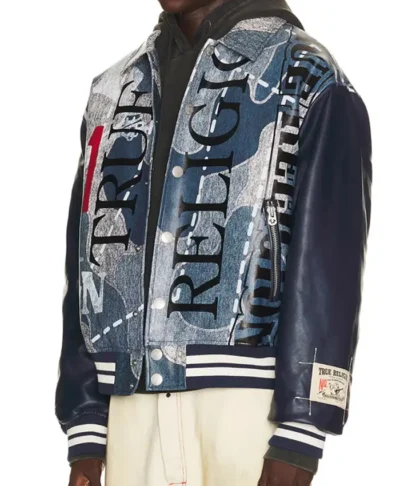 True Religion No. 1 Logo Denim Print Bomber Jacket