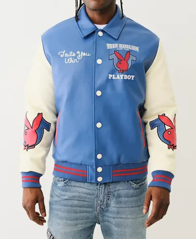 True Religion Playboy Blue Varsity Bomber Jacket