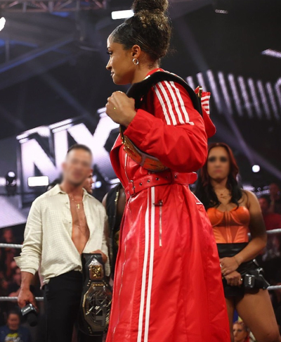 WWE NXT 2026 Kelani Jordan Red Leather Adidas Hooded Coat