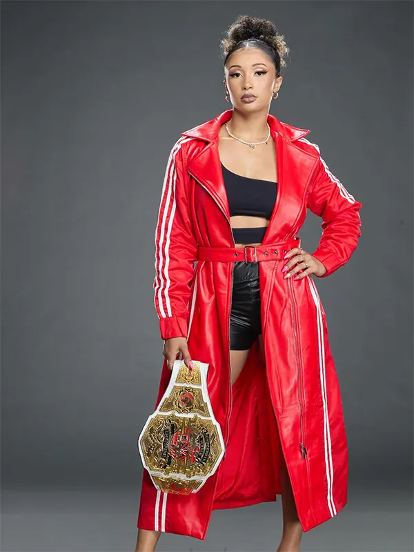 WWE NXT 2026 Kelani Jordan Red Leather Adidas Hooded Coat