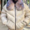 White Crystal Fur Collar Leather Bomber Jacket