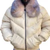 White Crystal Fur Collar Leather Bomber Jacket