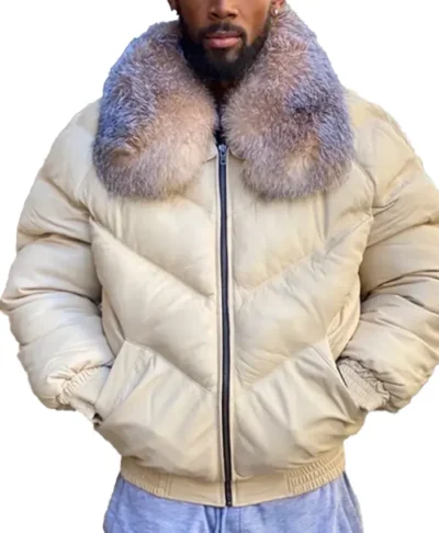 White Crystal Fur Collar Leather Bomber Jacket