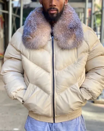White Crystal Fur Collar Leather Bomber Jacket