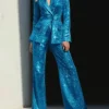 Women Sparkly 2 Pieces Sequin Notched Lapel Suit purple