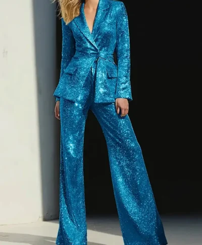 Women Sparkly 2 Pieces Sequin Notched Lapel Suit purple