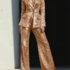 Women Sparkly 2 Pieces Sequin Notched Lapel Suit purple