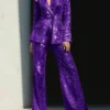 Women Sparkly 2 Pieces Sequin Notched Lapel Suit purple