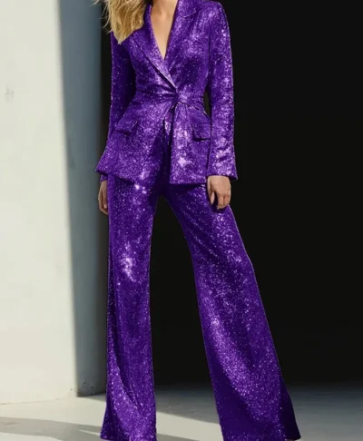 Women Sparkly 2 Pieces Sequin Notched Lapel Suit purple
