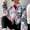 Womens Boxy Fit Puffer Graffiti Varsity Jacket