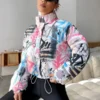 Womens Boxy Fit Puffer Graffiti Varsity Jacket