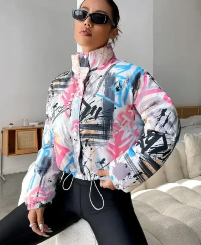 Womens Boxy Fit Puffer Graffiti Varsity Jacket
