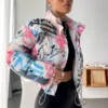 Womens Boxy Fit Puffer Graffiti Varsity Jacket