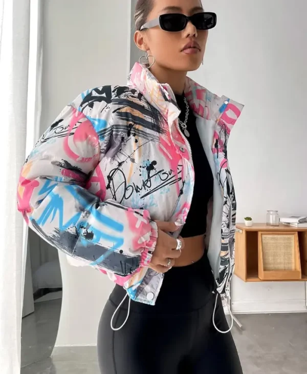 Womens Boxy Fit Puffer Graffiti Varsity Jacket