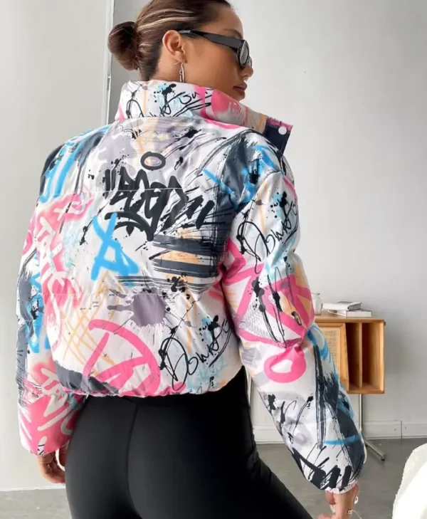 Womens Boxy Fit Puffer Graffiti Varsity Jacket