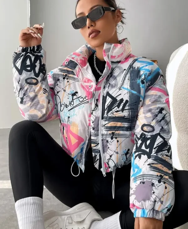Womens Boxy Fit Puffer Graffiti Varsity Jacket
