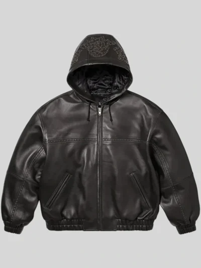 buy Supreme Studded Hooded Black Leather Jacket
