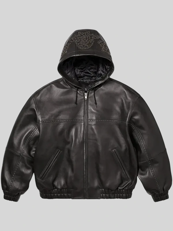 buy Supreme Studded Hooded Black Leather Jacket