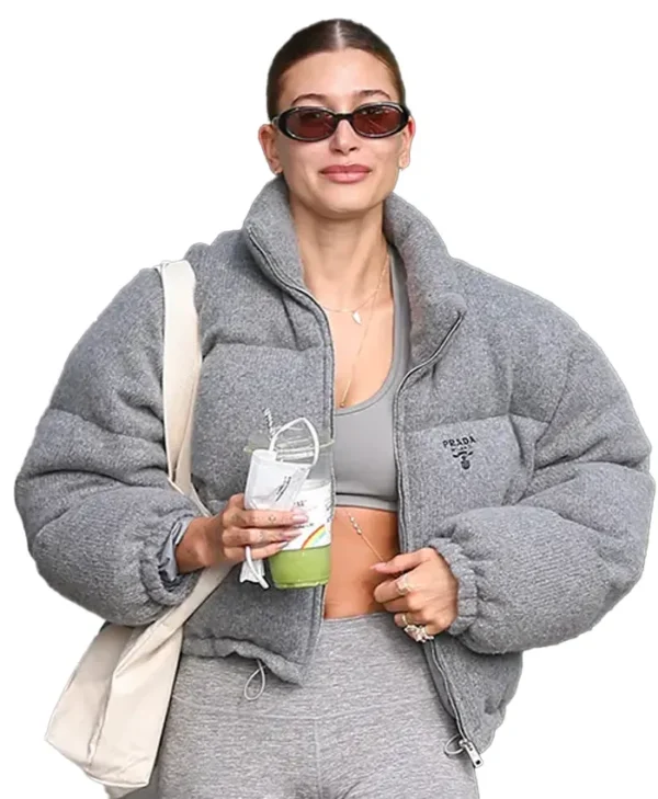 shop now Hailey Bieber Grey Puffer Jacket