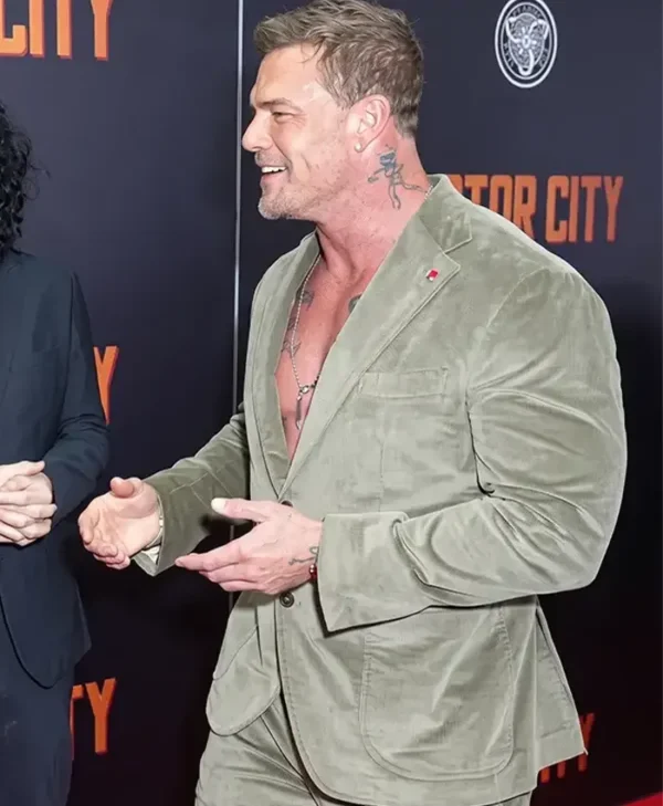 Alan Ritchson Motor City NY Premiere 2026 Olive Corduroy Suit