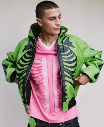 Awake NY Fall 26 Skeleton Green Leather Hooded Jacket